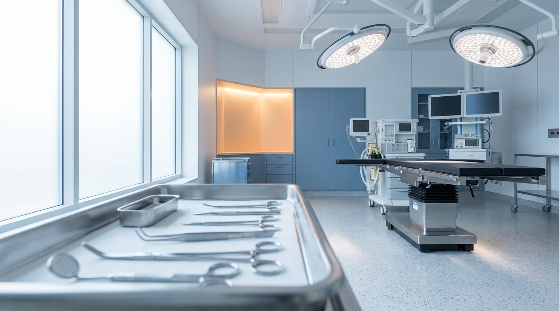 A clean, modern operating theatre equipped with surgical instruments and monitoring equipment